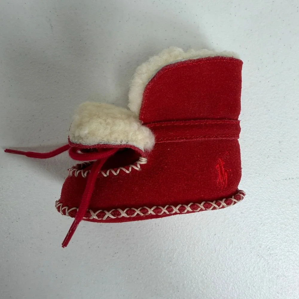 Ralph Lauren Infant Red Suede Shearling Moccasin Booties Pony Logo Soft Sole
